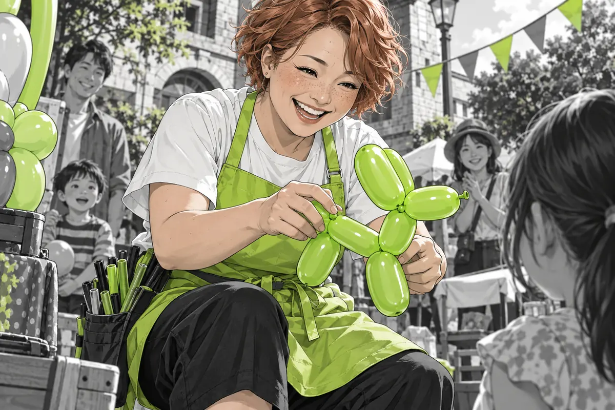 犬の形のバルーンを作るパフォーマー(AI生成イラスト)
