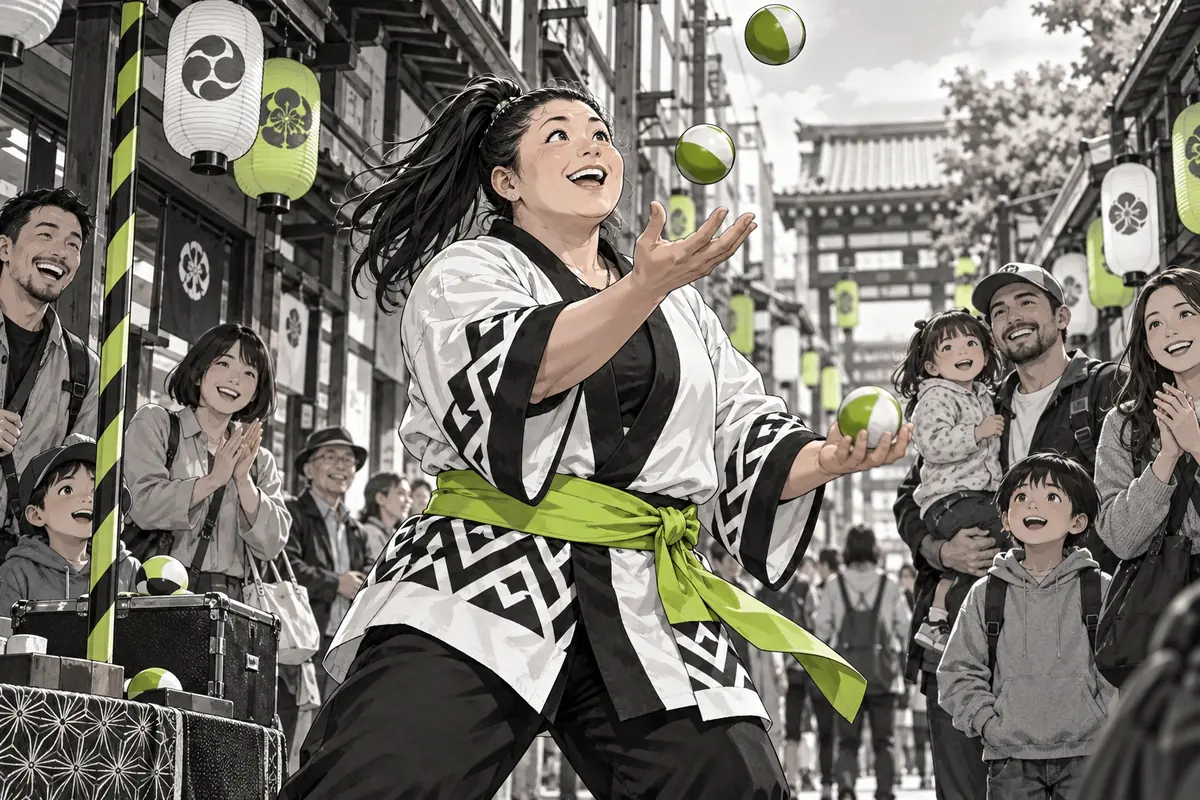 お祭りの会場でボールジャグリングを楽しむ観客(AI生成イラスト)