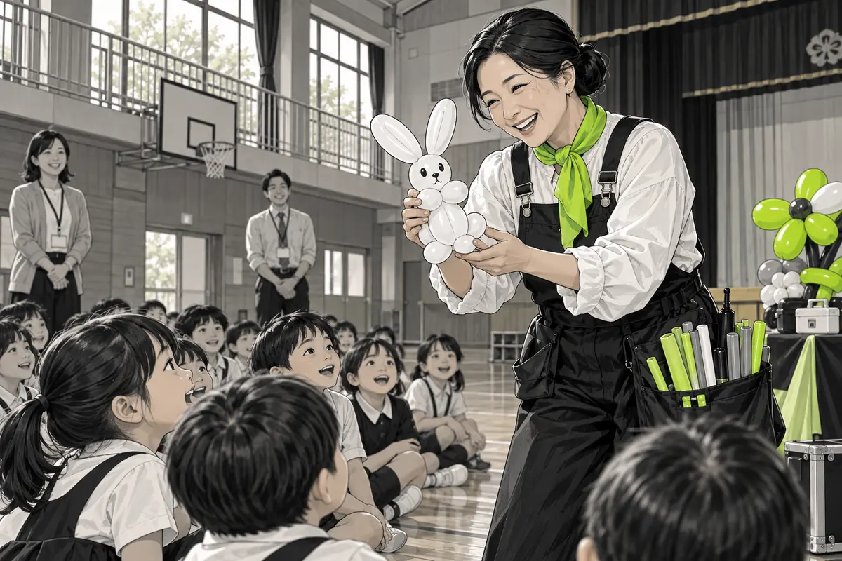 体育館でバルーンアートを楽しむ子どもたち（AI生成イラスト）