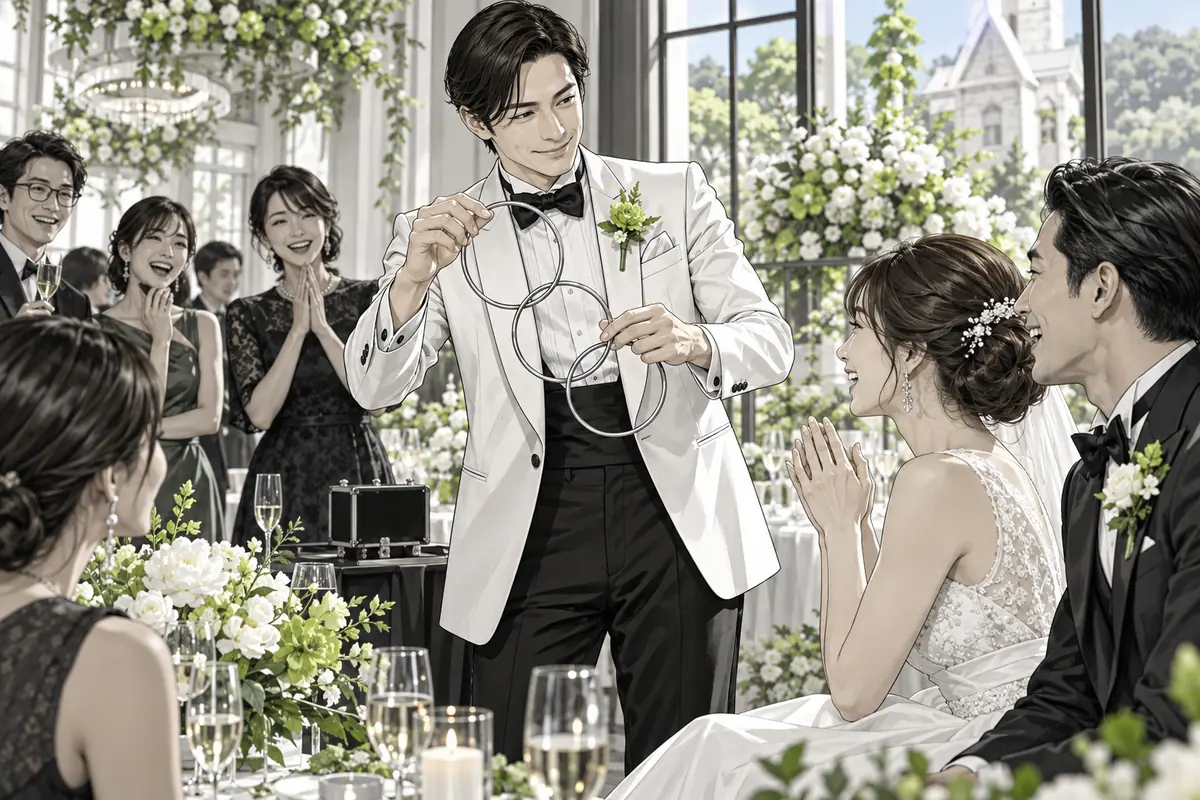 結婚式のゲストにリングマジックを披露する演者（AI生成イラスト）